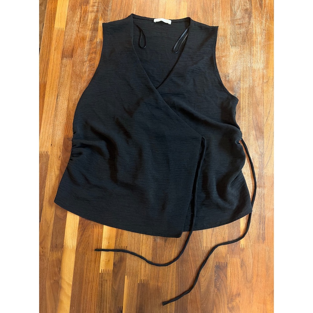 Zara Black Sleeveless Wrap Top V-Neck Side Tie Blouse Ruched Crepe Medium